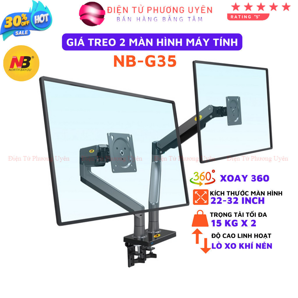 SKU275 - Arm 2 màn hình PC NB G35, giá treo 2 màn hình PC NB G35 22-32 inch, xoay 360 độ.