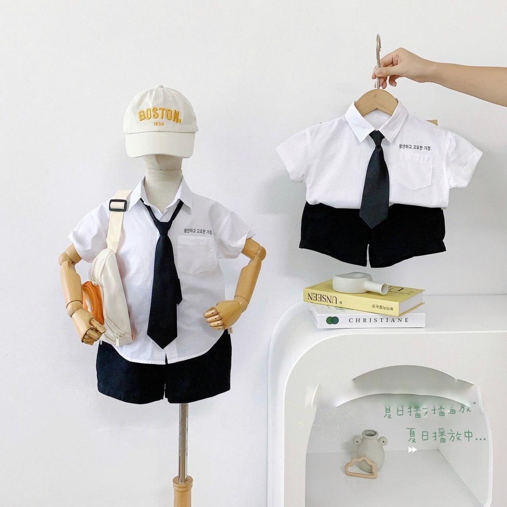 Set sơ mi TABY KIDS 3 chi tiết phong cách Hàn Quốc chất liệu thô hàn, cavat kéo khóa điều chỉnh được