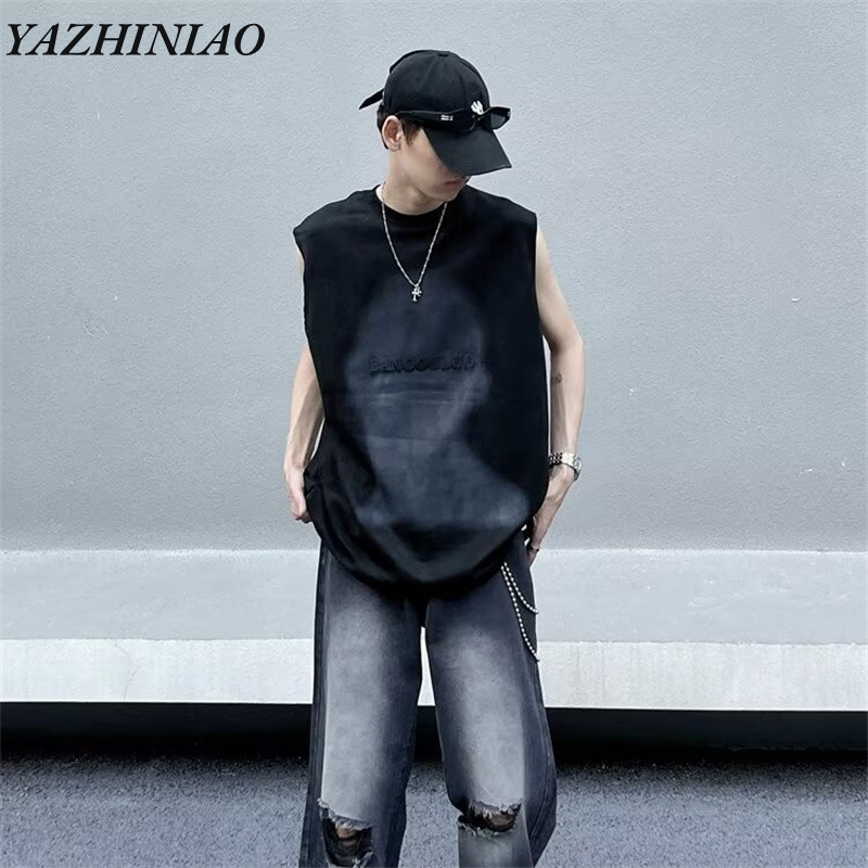 Yazhiniao Áo Vest Không Tay Nam Mỹ Retro Cá Tính In Hình Đau Khổ Thiết Kế Áo Thun