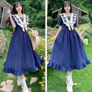 Váy Liền Cổ Hải Quân Trẻ Trung Phong Cách Học Đường Váy Dài Tôn Dáng Thon Gọn Eo Nơ Bướm Mùa Hè 