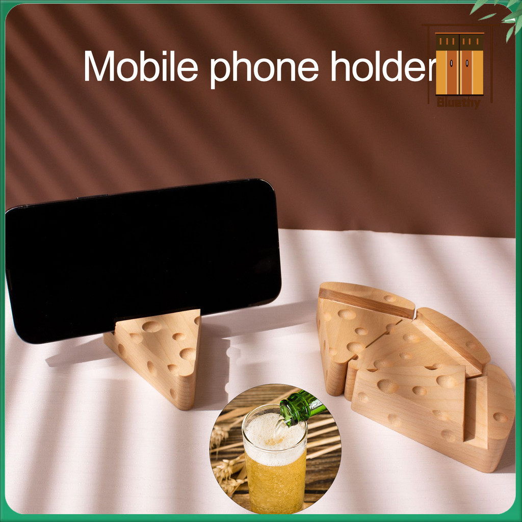 Dụng cụ mở nắp chai Bluethy-Wooden Giá đỡ điện thoại Hình dạng phô mai dễ thương Di động ic Công cụ mở nắp bia đa chức năng Máy tính để bàn Giá đỡ điện thoại di động