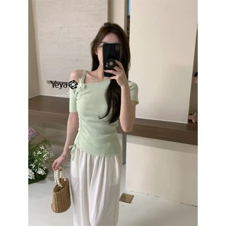 Áo len dệt kim ngắn tay lệch vai YEYA Áo len dệt kim dây rút ngắn đơn giản và đa năng Áo thun mỏng hàng đầu