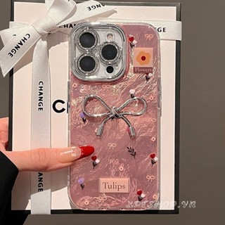 Lập Thể Nơ Màu Hồng Tulip Dây Xích Ốp Lưng Điện Thoại iPhone 17ProMax 16Plus 15 14 13 12 11 Pro Max Long Lanh Với Ống Kính Phim Bảo Vệ Chống Sốc