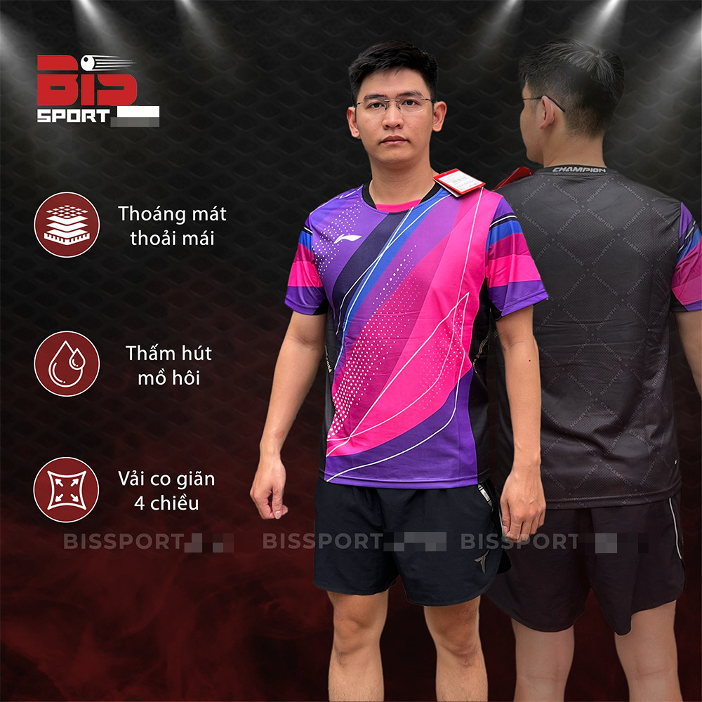 Áo Cầu Lông , Bóng Bàn Li-ning 6208A Hàng Cao Cấp F1 Hồng Tím - Chất Thun Lạnh , Co Giãn Tốt , Thoán