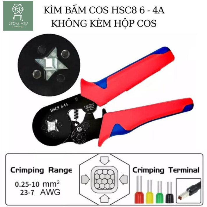 Kìm bấm cos pin kim rỗng, kiềm bóp cốt 0.5mm 6mm 16mm, kềm ép đầu cosse dây điện đa năng HSC8 6-4, H