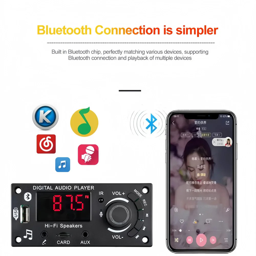 Bộ khuếch đại 100W Bluetooth 5.0 DIY MP3 WAV Bộ giải mã DC 12V 50W Xe không dây USB Máy nghe nhạc MP3 Khe cắm thẻ TF USB FM với Mic 3,5 mm | BigBuy360 - bigbuy360.vn