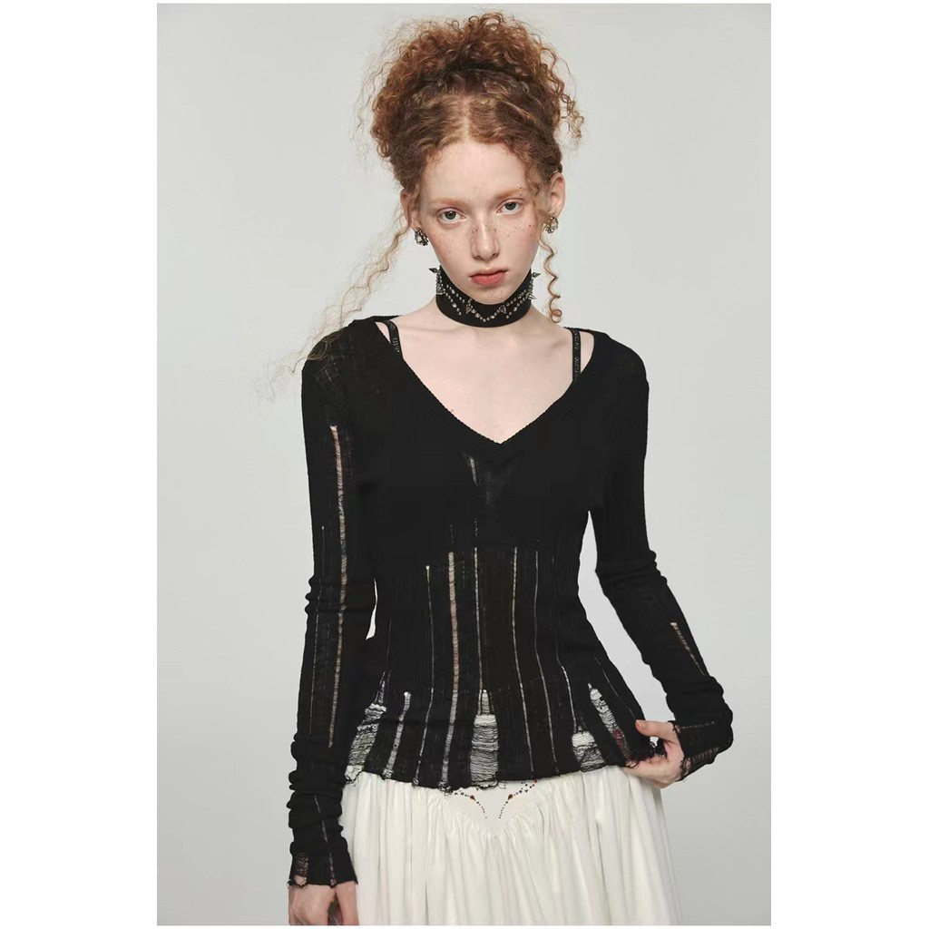 1JINN STUDIO Áo khoác len dài tay mỏng, cổ chữ V khoét rỗng, ôm sát eo, phong cách DKS4 R1AW