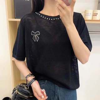 Áo thun nữ nơ in hình nơ nơ nơ cổ tròn màu trơn nơ đính cườm áo thun dệt kim ngắn tay ngắn tay áo thun ngắn tay áo ngắn tay t @