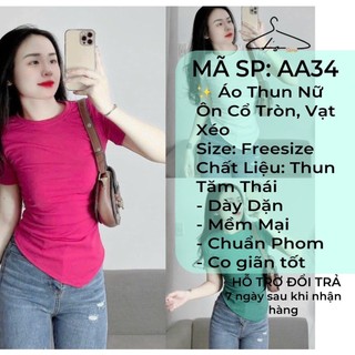 Áo thun ôm nữ tăm thái cổ tròn tay ngắn vạt xéo nhún phom ôm sát