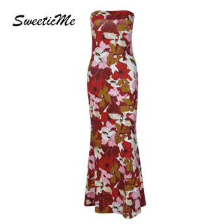 Đầm Maxi nữ SweeticMe 2024 Nhiều màu In lệch vai Váy ống thông thường