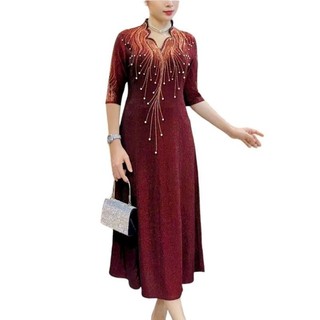 Đầm trung niên đi tiệc dáng midi nhũ mịn đính ngọc size lớn 75kg, Đầm midi nhũ đính ngọc Đầm trung niên đi tiệc dáng mid