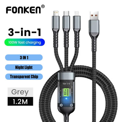 Cáp sạc nhanh trong suốt Fonken 3 trong 1 100W USB sang Type C / Micro / iOS cho iPh Samsung Huawei Bộ sạc đèn thí điểm