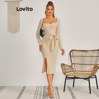 Đầm Lovito vải jacquard có thắt lưng màu trơn phong cách thường ngày dành cho nữ LBL11150