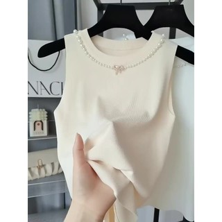 Ice silk camisole nữ mặc bên trong mùa hè mặc ngoài không tay đính hạt nơ đáy áo sơ mi
