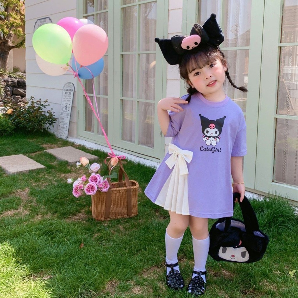 「 X F 」 24201 Váy lưới bé gái 2024 Kuromi Váy kiểu nơ ngắn tay màu tím