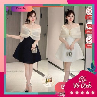 Đầm dự tiệc ANH FASHION - Đầm trễ vai sang chảnh chất vải gấm vân gỗ phối tơ óng cao cấp