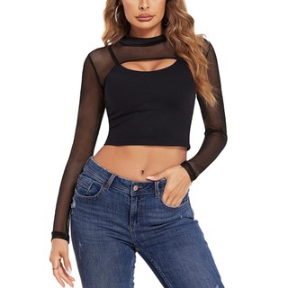Lưới Crop Tops Cho Nữ Mock Cổ Dài Tay Crop Top Nhìn Xuyên Qua Áo Sơ Mi Top Gợi Cảm Clubwear