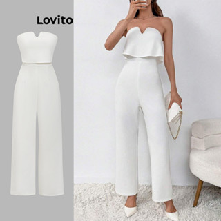 Áo liền quần Lovito 2 lớp viền xếp nếp có dây kéo màu trơn phong cách thanh lịch dành cho nữ L87ED244