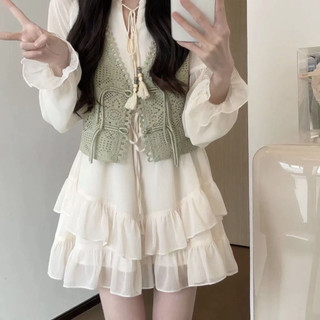 Set Áo Gile Dệt Kim, Váy Tay Dài Cột Dây Phối Viền Bèo Phong Cách Trung Quốc Mới