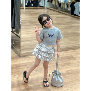 Bé Gái Phiên Bản Hàn Quốc Ngọt Ngào Thoáng Mát Thời Trang Thêu Dán Nhãn Bướm Xám Áo Thun Ngắn + Bánh Bạc Culottes
