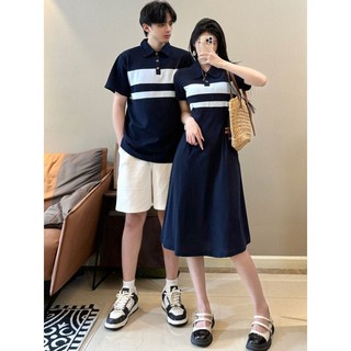 Mùa Hè 2024 Cặp Đôi Mặc Tay Ngắn Mùa Hè Văn Học Retro Màu Sắc Tương Phản Sọc Preppy Phong Cách Đầm Rời Mỏng Hơn
