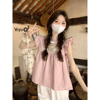 Yeya Áo Sơ Mi Nữ retro Phong Cách Trung Hoa Nút Thêu Nhỏ Tay Bay Áo Sơ Mi Tay Ngắn Rời Mỏng Áo Sơ Mi top