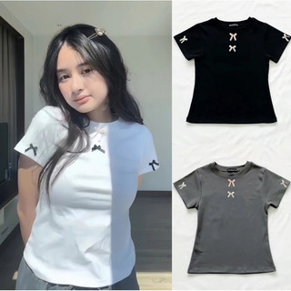 Áo thun baby tea đính nơ ôm body cho nữ , áo baby tea đính nơ trendy nhiều màu fom ôm