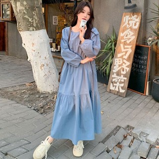 Váy Liền Màu Xanh Khí Chất Đơn Giản Thường Ngày Rộng Rãi Phong Cách Hàn Quốc Mẫu Mới