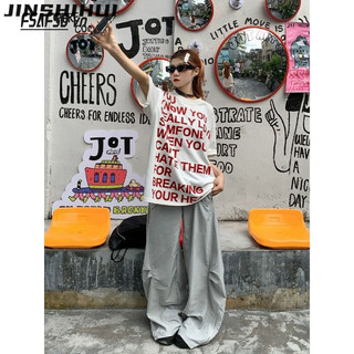 Jinshihuinew Style ins High Street Nữ Thun Mùa Hè Inscription Tay Ngắn Rời Cặp Đôi Top