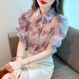 0612 Nặng Thủ Công Đính Hạt Áo Sơ Mi Voan Mùa Hè Phong Cách Mới Tính Khí Mỏng Hơn Nhìn Hoa Màu Top Nữ Ngọt Ngào Áo Sơ Mi Nhỏ Top