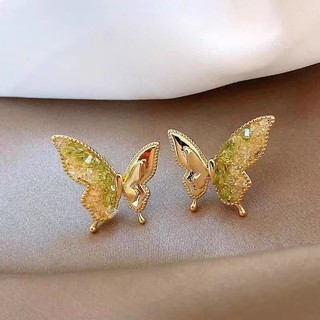 2024 phong cách mới bông tai bướm kim loại pháp bông tai pha lê xanh