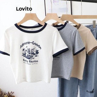 Áo thun Lovito in chữ phối viền tương phản phong cách thường ngày cho nữ LNE50226