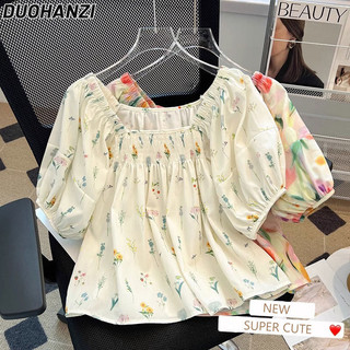 Duohanzi Áo Sơ Mi Nữ Khí Chất Hàn Quốc Áo Sơ Mi Nhẹ Nhàng Mùa Hè Mới In Hình Pháp Cổ Vuông Áo Sơ Mi Tay Phồng