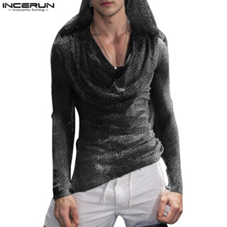  Incerun Nam Vintage Phối Cảnh Thường Ngày Có Mũ Trùm Đầu Áo Thun Dài Tay 