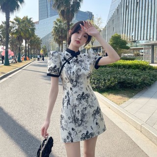 Mực Phong Cách Trung Hoa Cải Tiến Sườn Xám Nữ Mùa Hè 2024 Mới Trung Quốc Retro Cao Cấp Slim-fit Puff Đầm