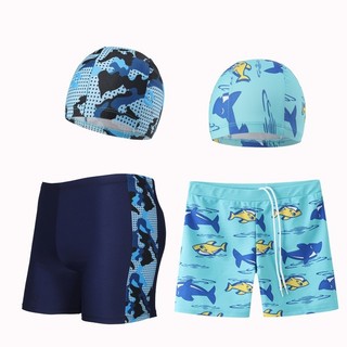 10-50kg Quần Bơi Trẻ Em + Mũ Bơi Trẻ Em Bé Trai Size Lớn Bơi Quần Ngắn Có Lót M-4XL In Hình Hoạt Hình Cá