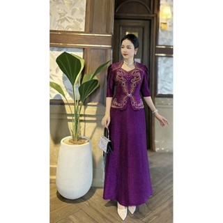 Váy, Đầm dạ hội trung niên sang trọng dài cho mẹ bigsize cao cấp cổ nữ hoàng họa tiết kết đá dáng vest giấu bụng 75kg