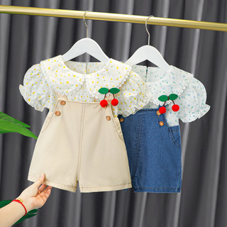 Đầm Mùa Hè Mới Trẻ Em Dễ Thương Hoa Áo Thun Tay Ngắn Dây Đeo Quần Short Hai Mảnh Bộ Little Virgin Treasure
