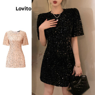 Đầm Lovito đính kim sa màu trơn thường ngày cho nữ LNA26116 (màu đen)
