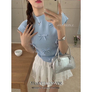 Xiaozhainv Hàn Quốc Nhẹ Hồng Nơ Đan Áo Len Nhỏ Bay Tay Áo Thun Thời Trang Mùa Hè Bạc Hà Mambo Xanh Top Nữ
