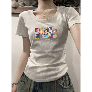 【100% cotton 】Áo baby tee Áo Thun ôm body Áo y2k Đá Xám Hoạt Hình In Chữ Slim-fit Phong Cách Mới Áo Thun Nữ