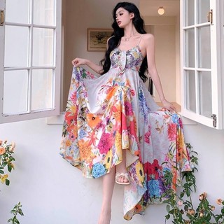 Đầm hoa đầy màu sắc Váy đi nghỉ không tay có dây mùa hè