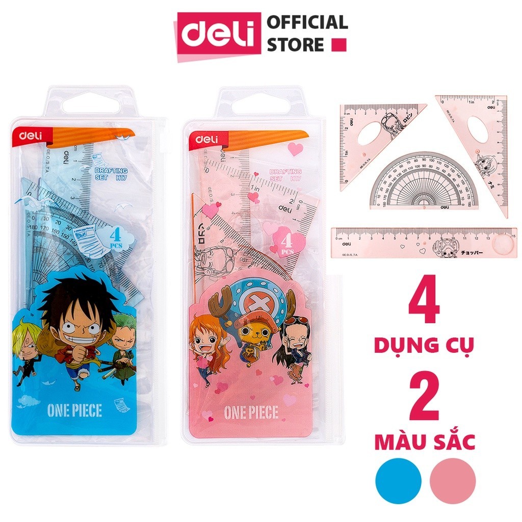 Bộ 4 dụng cụ eke học sinh Deli One Piece - 1 bộ eke thước kẻ đo góc tam giác vuông - màu ngẫu nhiên 