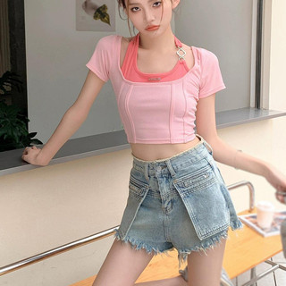 Áo thun nữ dây cổ ngắn tay màu sắc tương phản giả hai mảnh mùa hè Hàn Quốc hàng đầu
