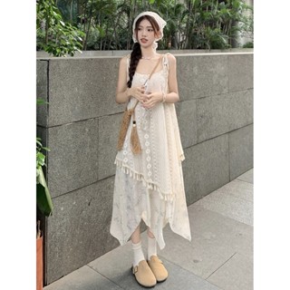 Váy Liền Hai Dây Giả Phong Cách Nghỉ Dưỡng Ven Biển Váy Dài Đi Biển Không Quy Tắc Tua Rua In Hoa Siêu Tiên Nữ Khí Chất