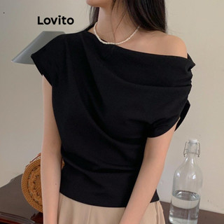 Áo thun Lovito màu trơn trễ vai bất đối xứng phong cách thường ngày cho nữ LNE53024