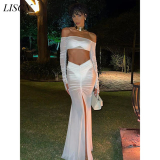 LISCN See-Through Mesh 4 Bộ Nữ Mùa Hè Chắc Chắn Dây + Tắt Vai Áo + Quần Đùi + Xù Váy Skinny Trang Phục
