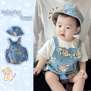 Ins mùa hè bé denim jumpsuit bé màu xanh denim mỉm cười mẫu mặt dây đeo vai jumpsuit không tay+mũ bé quần áo 0-24 tháng