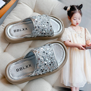 Giải Trí Mùa Hè Bé Gái Dép Ngón Chân Mở Để Mặc Bên Ngoài Bling Bling Kim Sa Lấp Lánh Thời Trang Đế Mềm Trẻ Em 3-18 Tuổi