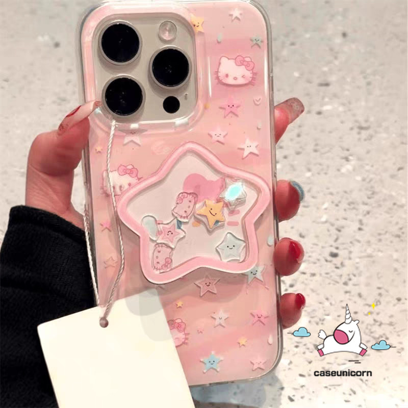 Dễ Thương Hello Kitty Nơ Vòng Tay Hoạt Hình Mặt Cười Ngôi Sao Đứng Ốp Lưng Tương Thích Cho IPhone 16 11 13 12 15 14 Pro Max 7Plus XR X XS Max 8 16 15 7 Plus SE 2020 Ốp Mềm Imd Mới Hợp Thời Trang